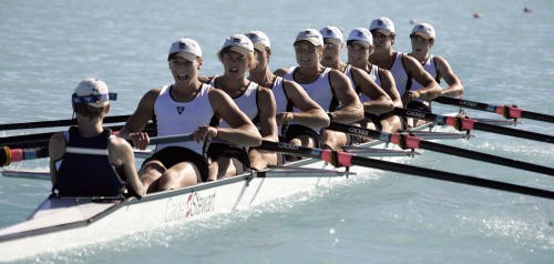 Christ College Christchurch No1 crew celebrate the win over rivals Kings College and Hamilton Boys High in the 2006 Maardi Cup  at lake Ruataniwha. LTR Cox Robert Salvesen, James Robins, Jeremy McDonnell, Daniel Roberts, Sam McArthur, ben Stewart, James O’Conner Ben Lynten and Andrew Archibald. <br />
 © SIR+photosouth@xtra.co.nz